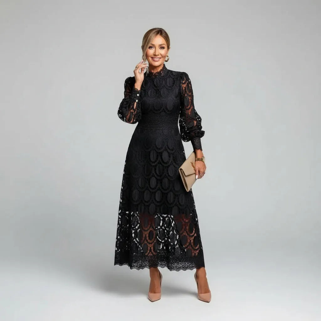 Women's Elegant Long Sleeve Maxi Wedding Guest Dress with High Neck
