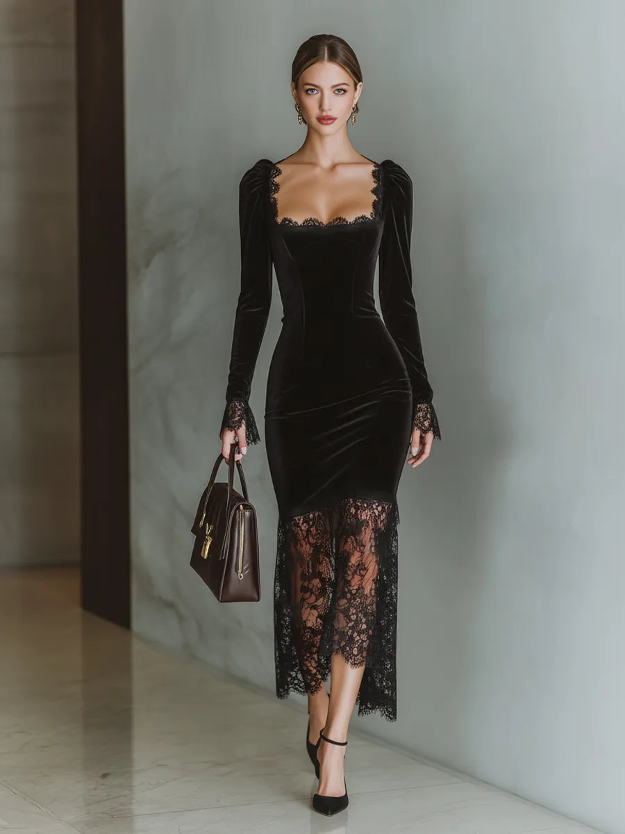 Women's Elegant Long Sleeve Midi Wedding Guest Dress with Square Neck