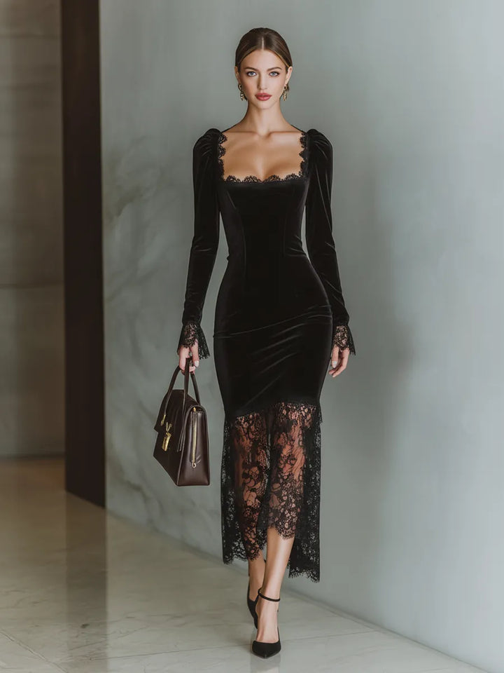 Women's Elegant Long Sleeve Midi Wedding Guest Dress with Square Neck