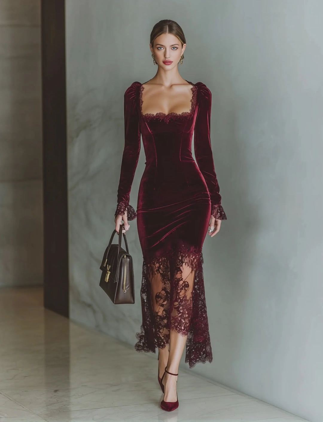 Women's Elegant Long Sleeve Midi Wedding Guest Dress with Square Neck