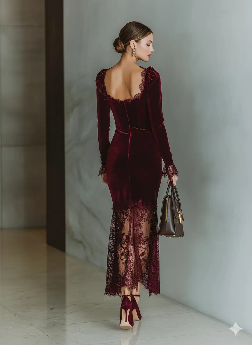 Women's Elegant Long Sleeve Midi Wedding Guest Dress with Square Neck