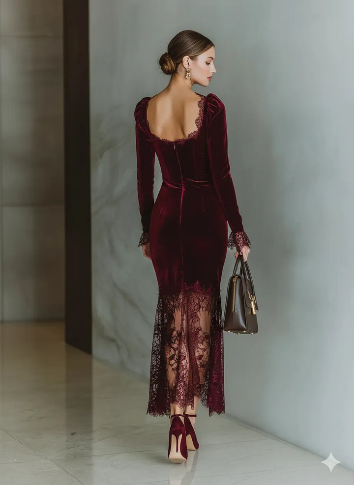 Women's Elegant Long Sleeve Midi Wedding Guest Dress with Square Neck