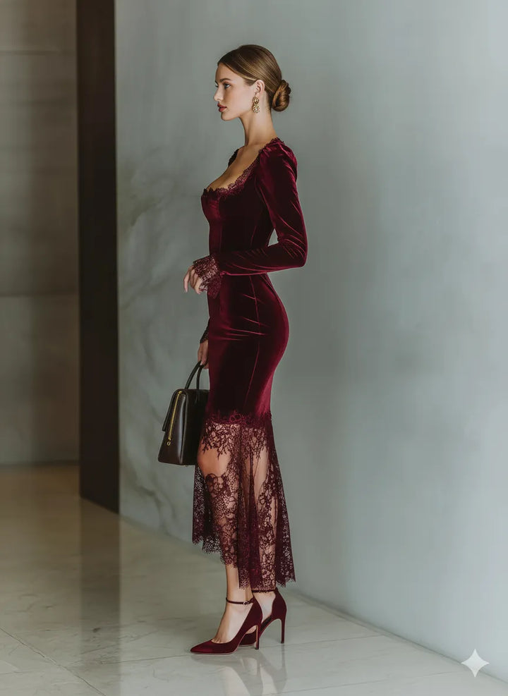 Women's Elegant Long Sleeve Midi Wedding Guest Dress with Square Neck