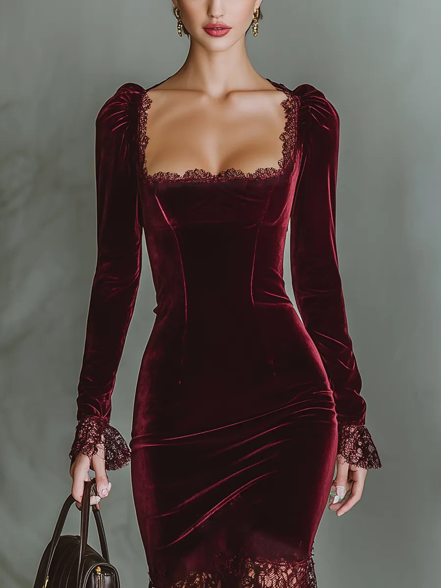 Women's Elegant Long Sleeve Midi Wedding Guest Dress with Square Neck