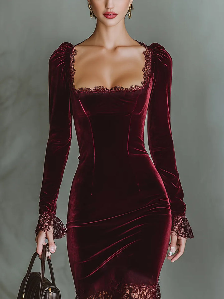 Women's Elegant Long Sleeve Midi Wedding Guest Dress with Square Neck