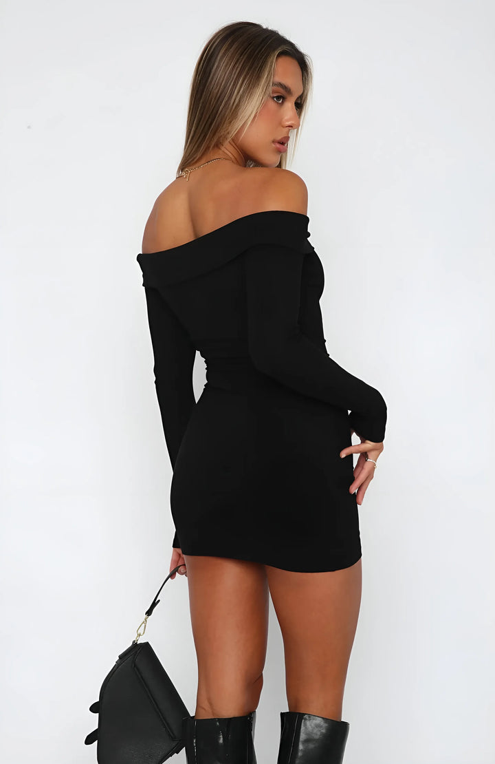 Women's Elegant Long Sleeve Mini Cocktail Dress with Off-the-Shoulder Neckline