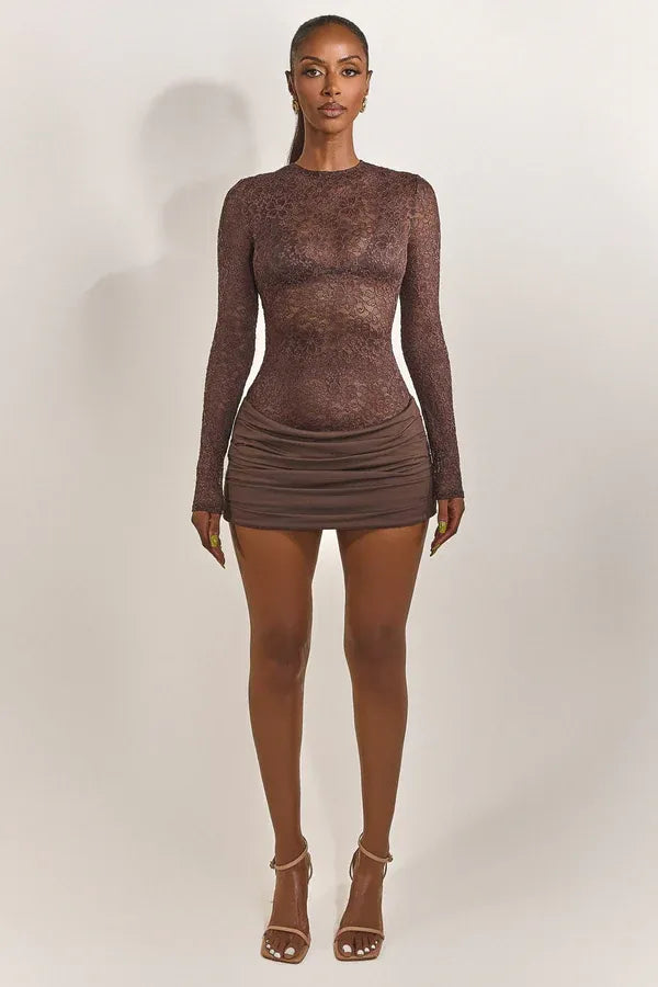 Women's Elegant Long Sleeve Mini Cocktail Dress with Ruched Detail