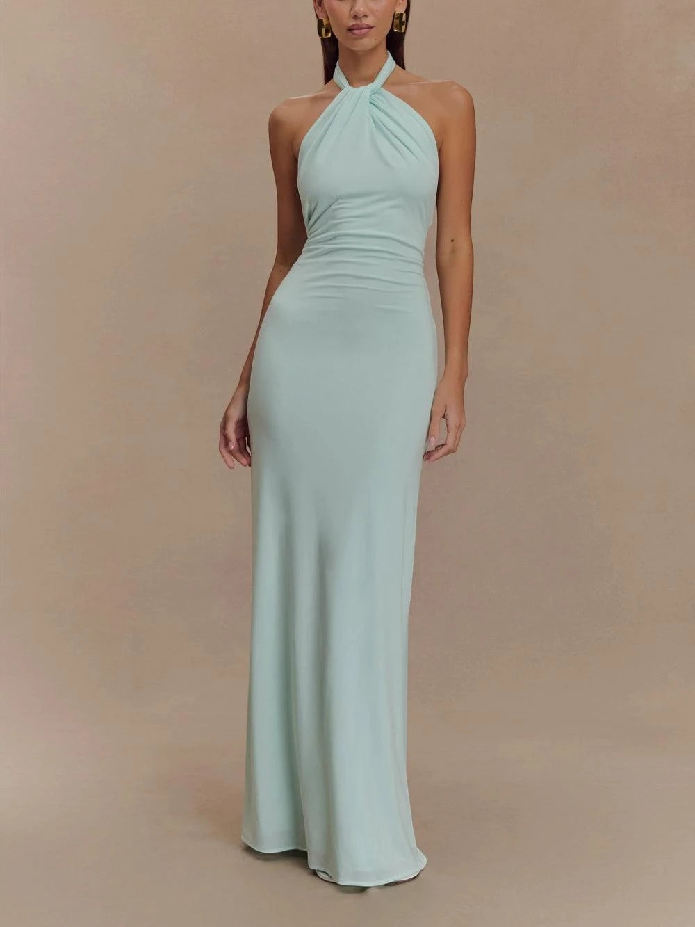 Women's Elegant Maxi Wedding Guest Dress with Halter Neckline