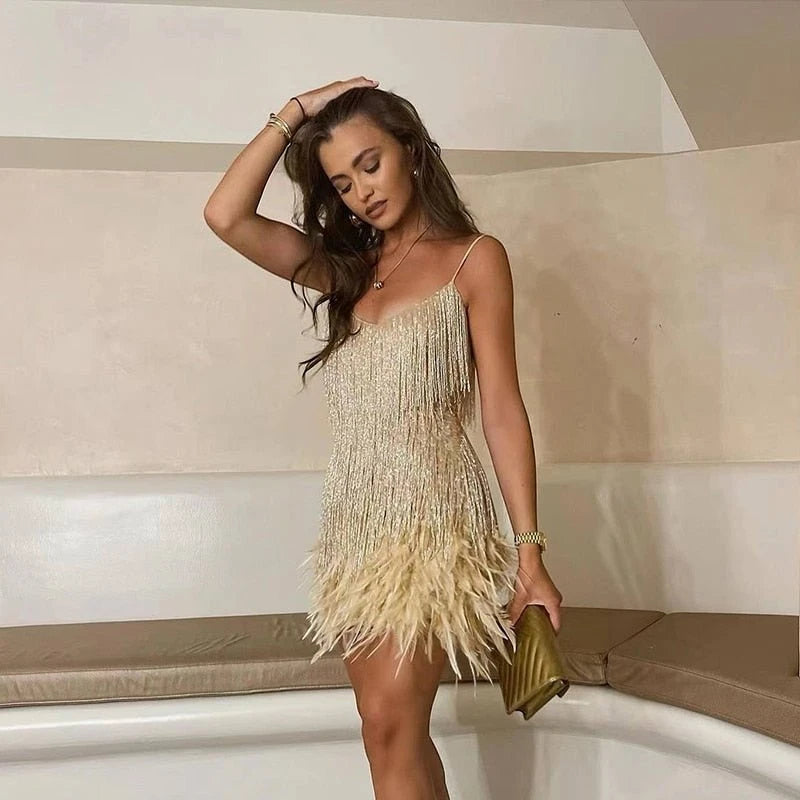Women's Elegant Mini Cocktail Dress with Fringe Detail