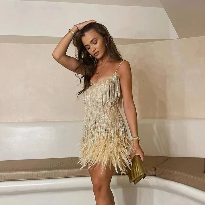 Women's Elegant Mini Cocktail Dress with Fringe Detail