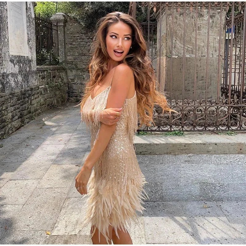 Women's Elegant Mini Cocktail Dress with Fringe Detail