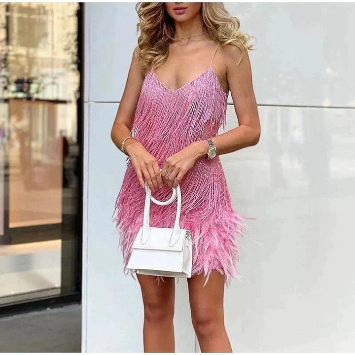 Women's Elegant Mini Cocktail Dress with Fringe Detail