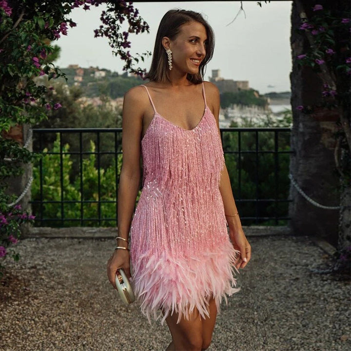 Women's Elegant Mini Cocktail Dress with Fringe Detail