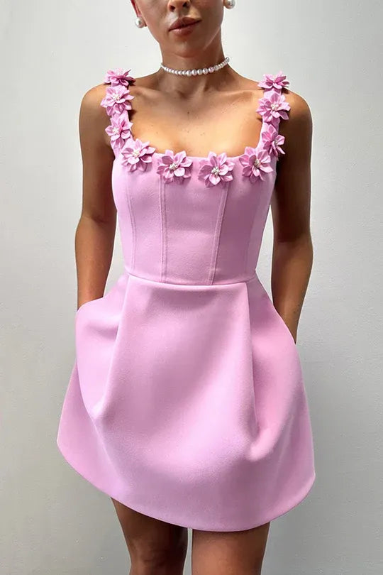 Women's Elegant Mini Cocktail Dress with Square Neck and Floral Applique