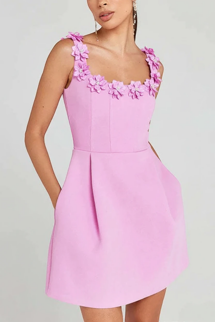 Women's Elegant Mini Cocktail Dress with Square Neck and Floral Applique