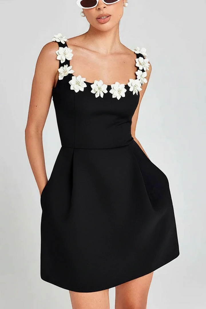 Women's Elegant Mini Cocktail Dress with Square Neck and Floral Applique