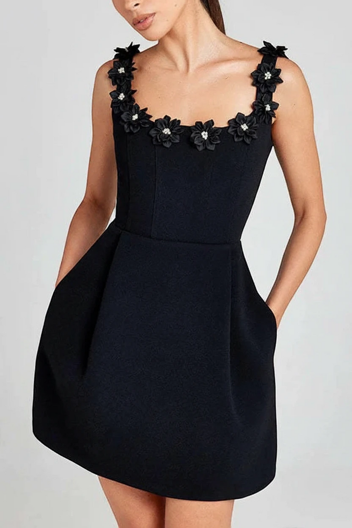 Women's Elegant Mini Cocktail Dress with Square Neck and Floral Applique