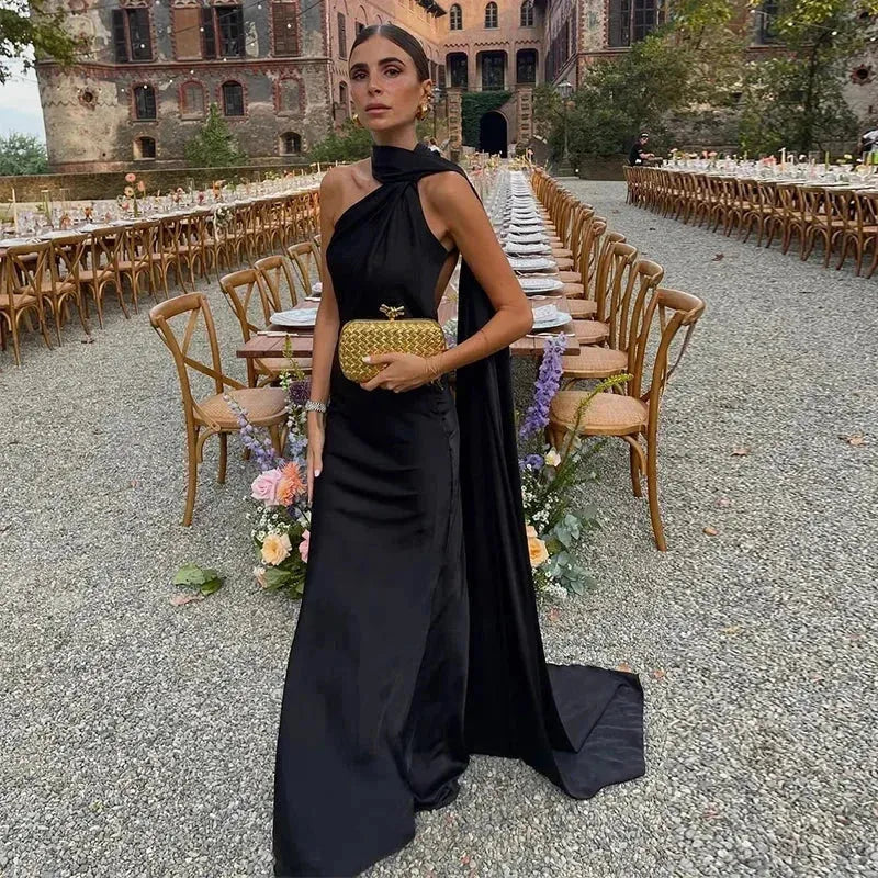 Women's Elegant One Shoulder Maxi Wedding Guest Dress with Open Back