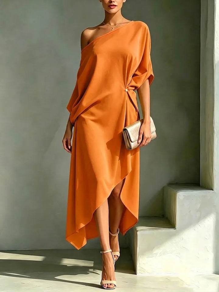 Women's One Shoulder Flowy Midi Wedding Guest Dress with Slit