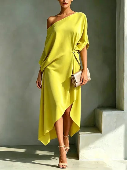 Women's One Shoulder Flowy Midi Wedding Guest Dress with Slit