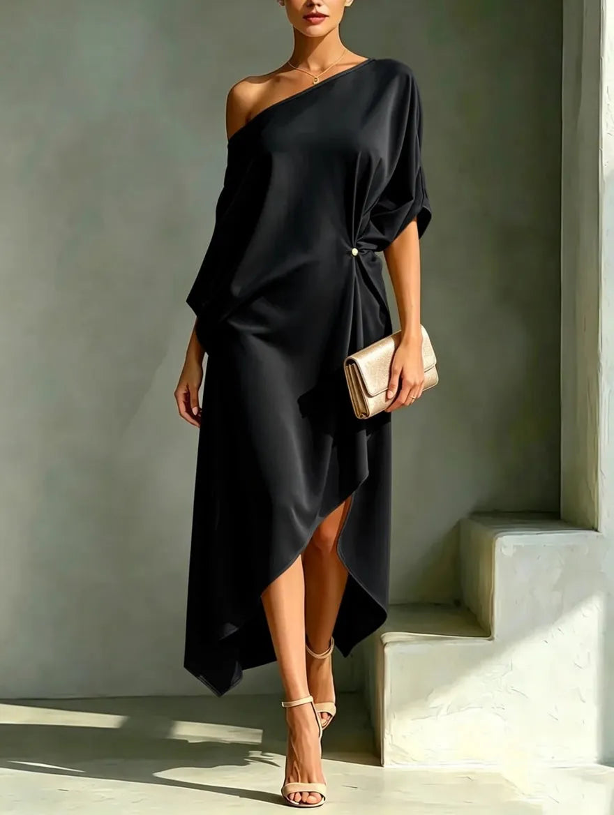 Women's One Shoulder Flowy Midi Wedding Guest Dress with Slit