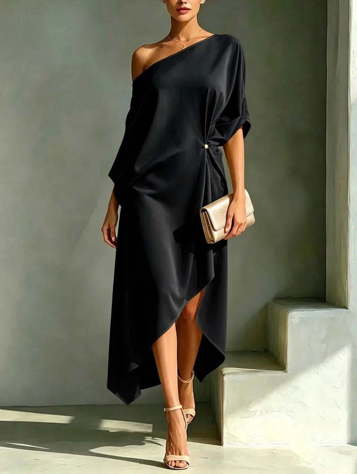 Women's One Shoulder Flowy Midi Wedding Guest Dress with Slit