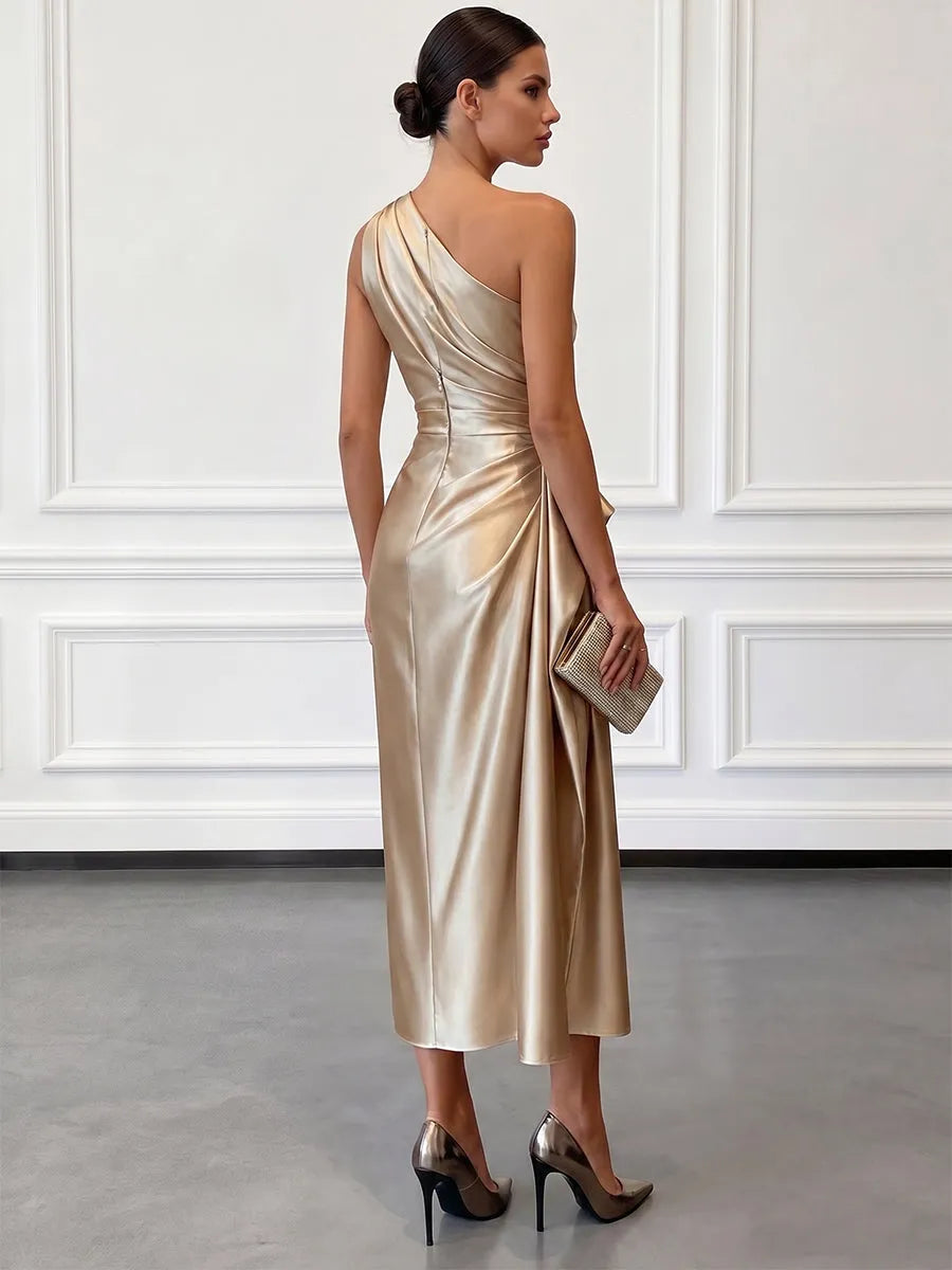 Women's Elegant One Shoulder Maxi Wedding Guest Dress with Ruched Detail