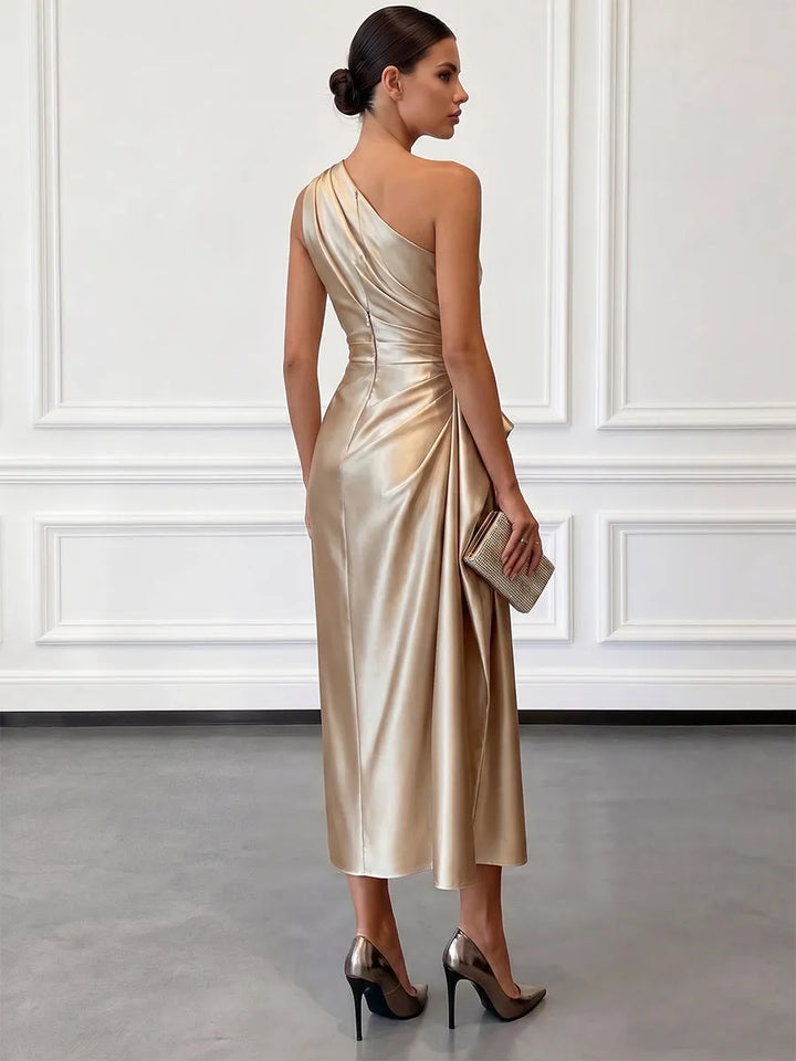 Women's Elegant One Shoulder Maxi Wedding Guest Dress with Ruched Detail