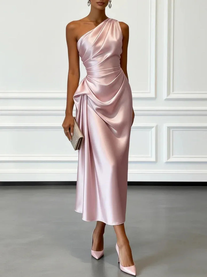 Women's Elegant One Shoulder Maxi Wedding Guest Dress with Ruched Detail