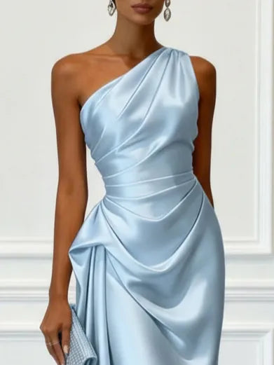 Women's Elegant One Shoulder Maxi Wedding Guest Dress with Ruched Detail