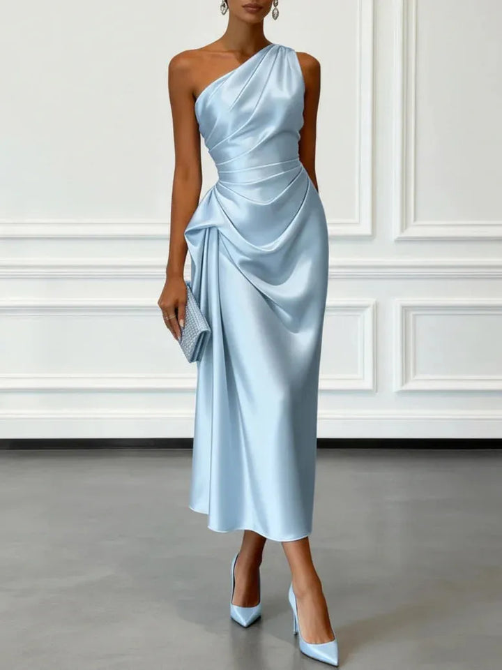 Women's Elegant One Shoulder Maxi Wedding Guest Dress with Ruched Detail