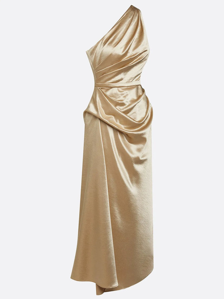 Women's Elegant One Shoulder Maxi Wedding Guest Dress with Ruched Detail