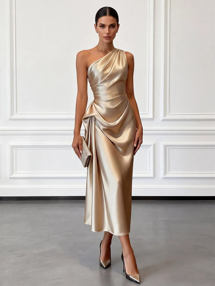 Women's Elegant One Shoulder Maxi Wedding Guest Dress with Ruched Detail