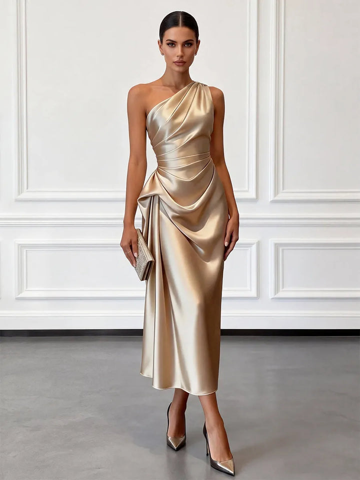 Women's Elegant One Shoulder Maxi Wedding Guest Dress with Ruched Detail
