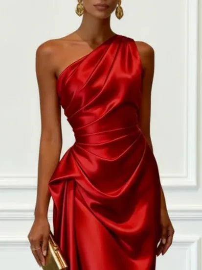 Women's Elegant One Shoulder Maxi Wedding Guest Dress with Ruched Detail