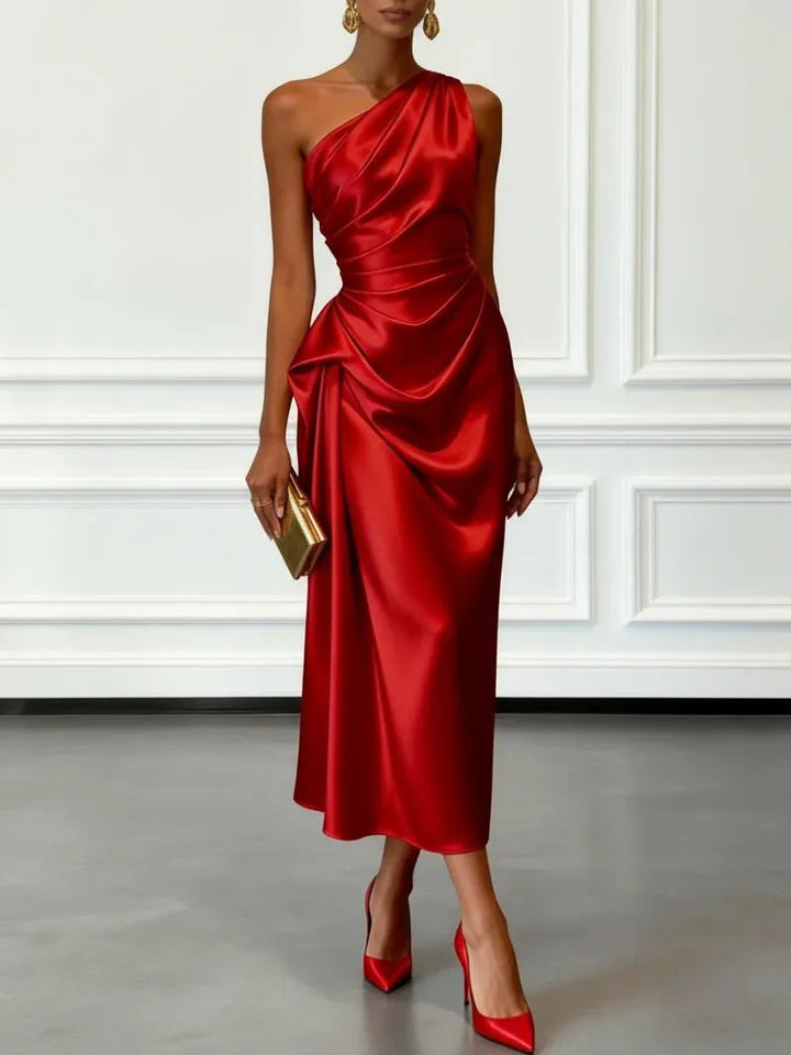 Women's Elegant One Shoulder Maxi Wedding Guest Dress with Ruched Detail