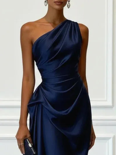 Women's Elegant One Shoulder Maxi Wedding Guest Dress with Ruched Detail