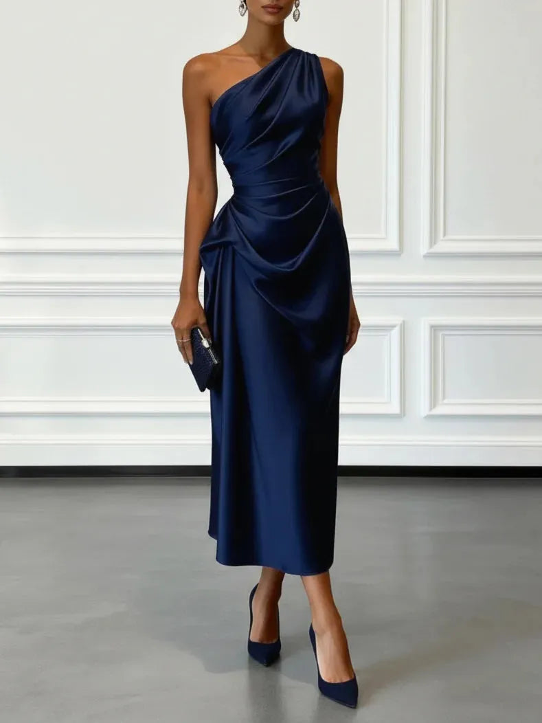 Women's Elegant One Shoulder Maxi Wedding Guest Dress with Ruched Detail