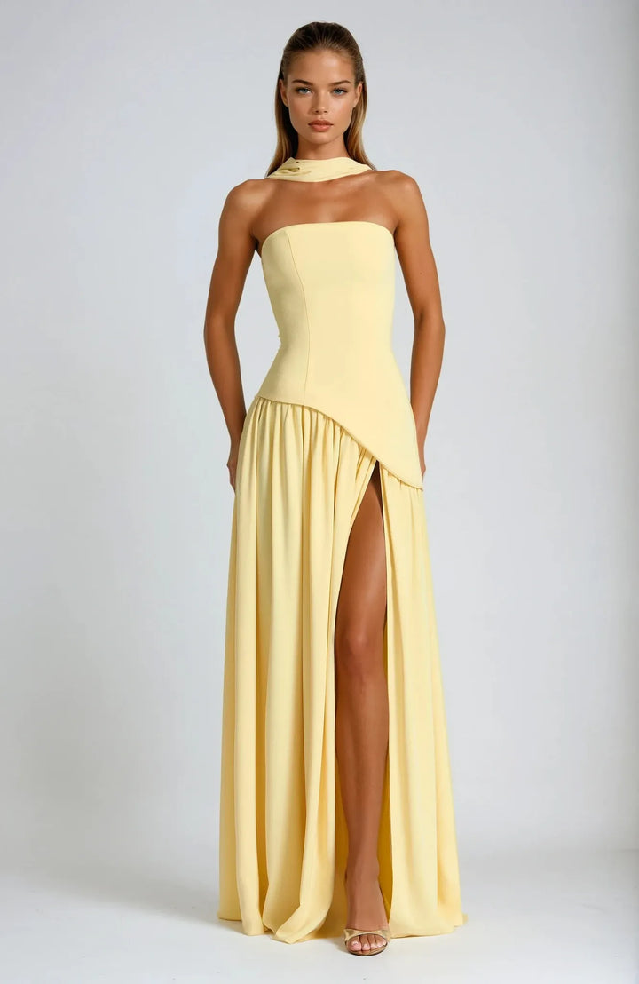 Women's Elegant Open Back Maxi Wedding Guest Dress with Slit