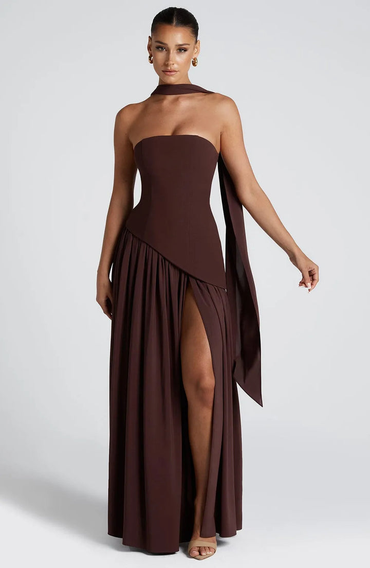 Women's Elegant Open Back Maxi Wedding Guest Dress with Slit