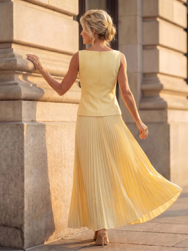 Women's Elegant Pleated Maxi Wedding Guest Set with Boat Neck