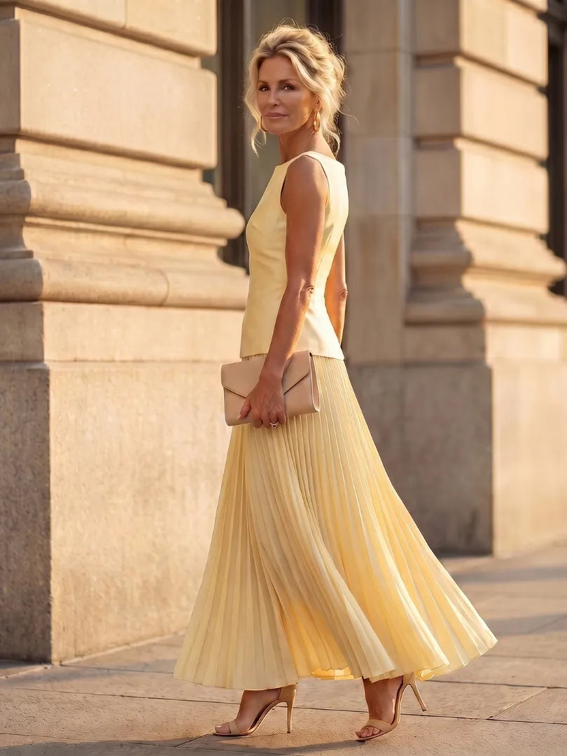 Women's Elegant Pleated Maxi Wedding Guest Set with Boat Neck
