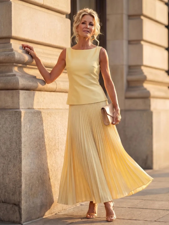 Women's Elegant Pleated Maxi Wedding Guest Set with Boat Neck