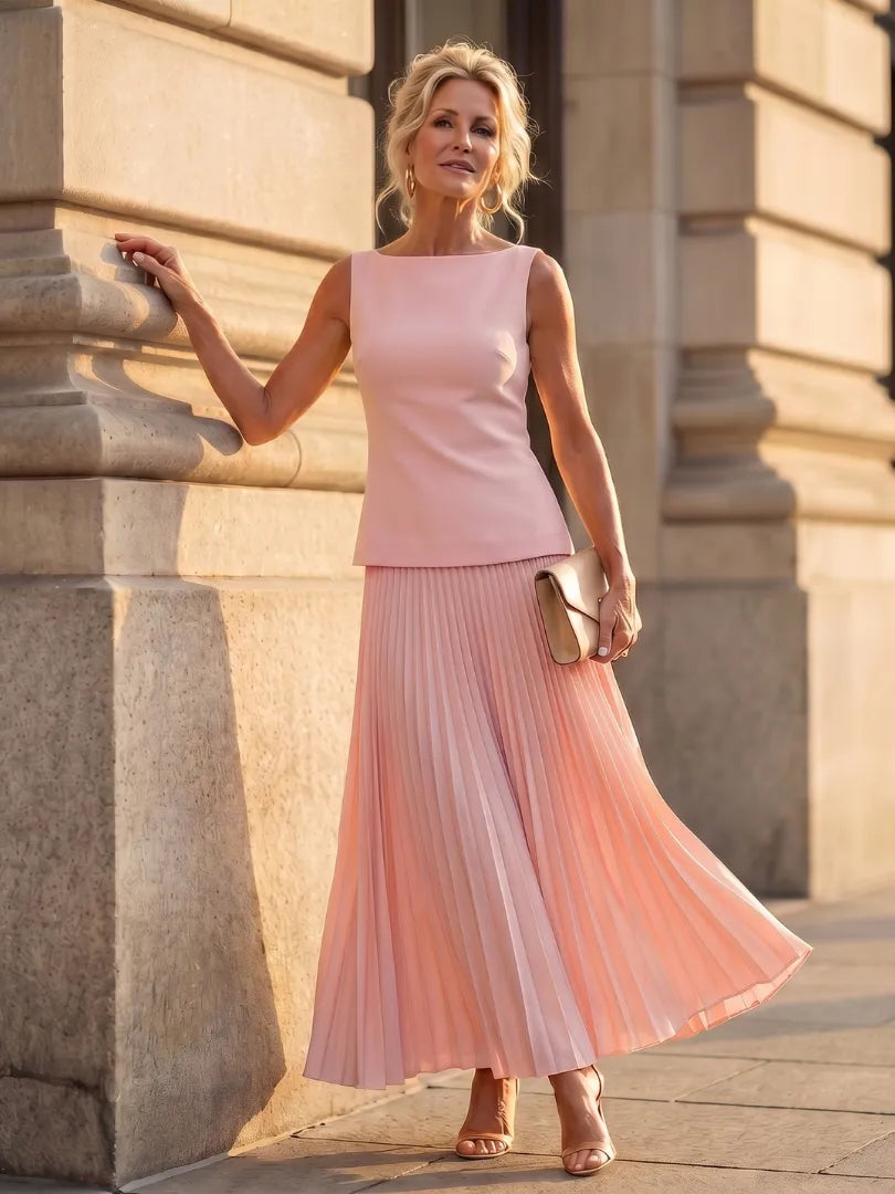 Women's Elegant Pleated Maxi Wedding Guest Set with Boat Neck
