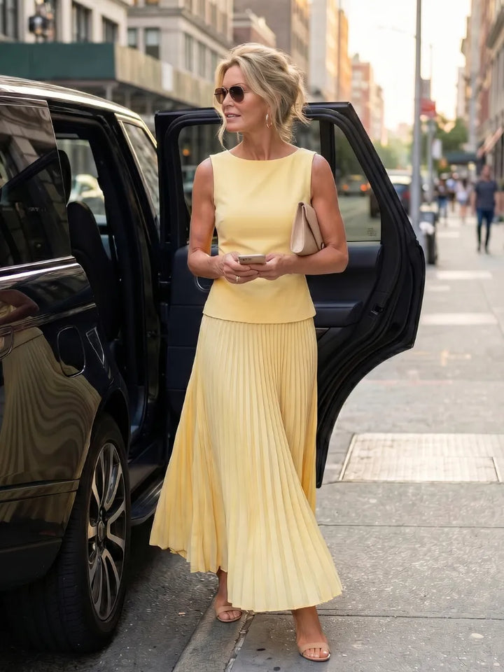 Women's Elegant Pleated Maxi Wedding Guest Set with Boat Neck