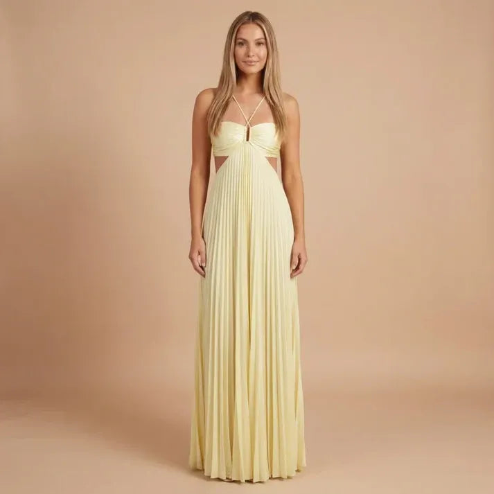 Women's Elegant Pleated Maxi Wedding Guest Dress with Halter