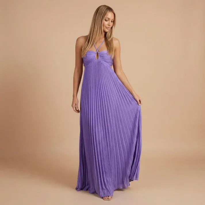 Women's Elegant Pleated Maxi Wedding Guest Dress with Halter