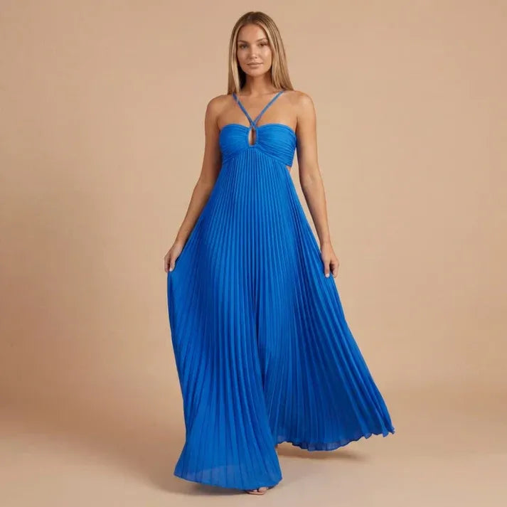 Women's Elegant Pleated Maxi Wedding Guest Dress with Halter