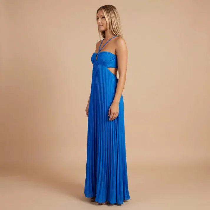 Women's Elegant Pleated Maxi Wedding Guest Dress with Halter