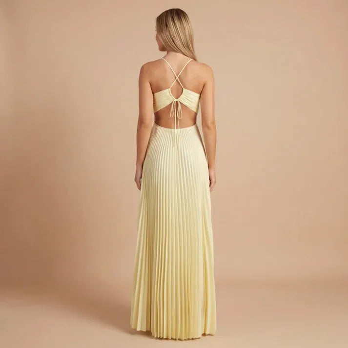 Women's Elegant Pleated Maxi Wedding Guest Dress with Halter